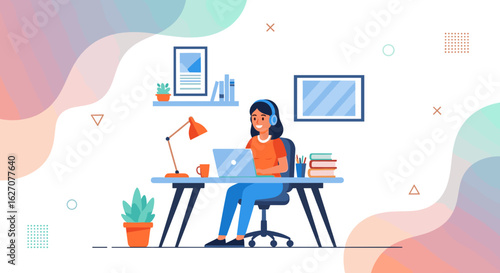 Happy woman working remotely on laptop from home office. Ideal for concepts of online education, virtual meetings, or flexible work.