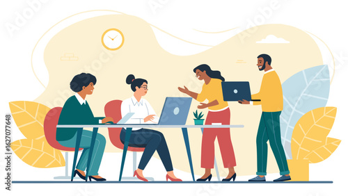 Diverse team collaborating in a modern office, working on laptops and discussing ideas, showcasing teamwork and productivity.