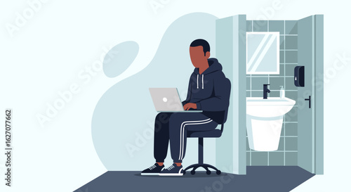 Illustration of a person working remotely on a laptop in an unconventional bathroom setting, ideal for modern work concepts.