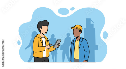 Two professionals interacting at an event, one using a tablet and headset. Ideal for concepts of communication, interviews, surveys, and information exchange in business.
