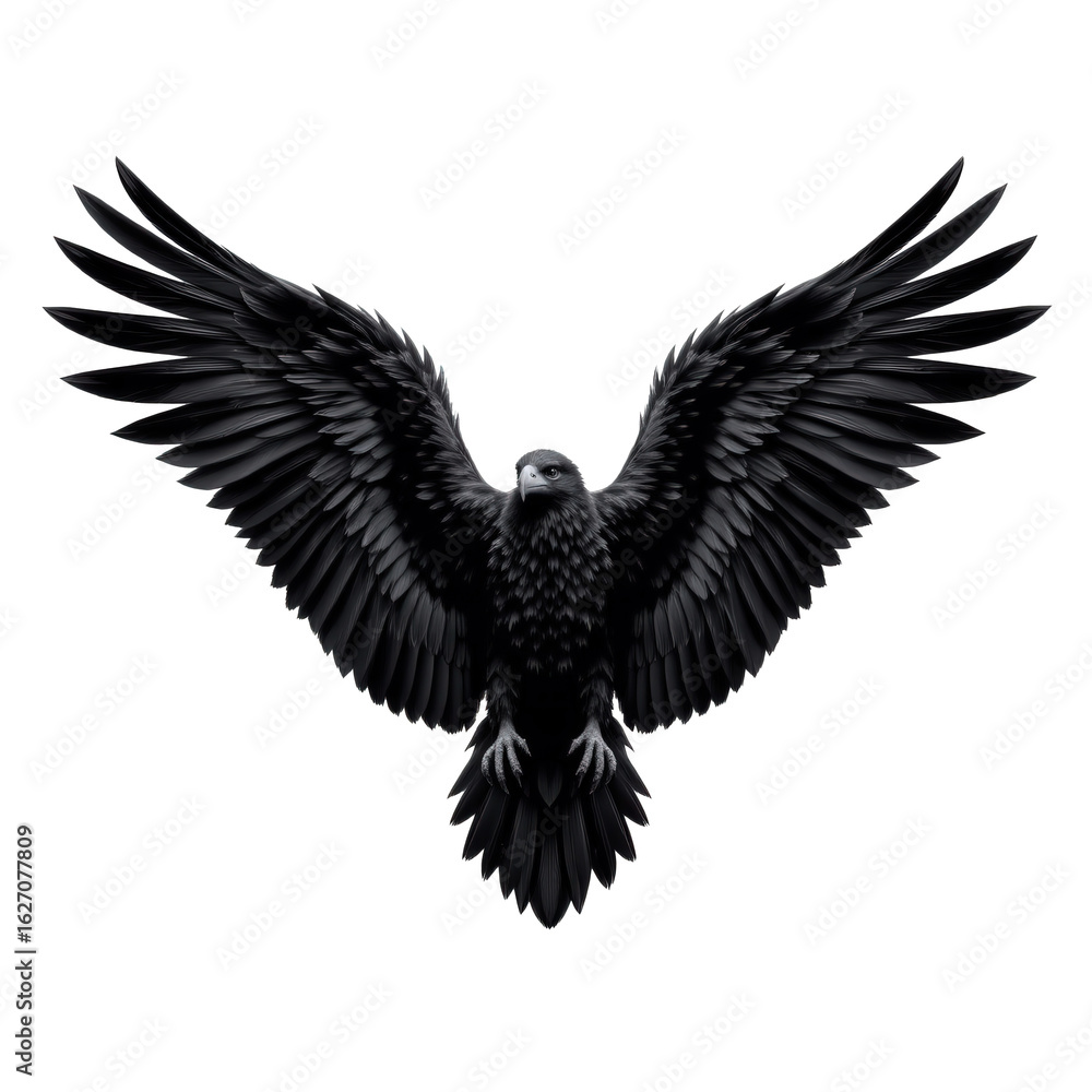 Obraz premium Majestic Black Eagle Spreading Wings in Flight Against a Transparent background