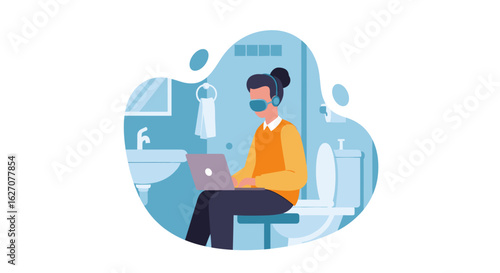 Dedicated worker in headphones and sunglasses, focused on laptop while working remotely from an unconventional home bathroom setup.