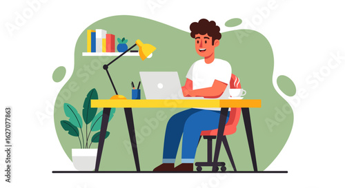 Smiling man enjoying a productive workday in his modern home office. Ideal for concepts of remote work, flexibility, and digital lifestyle.