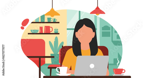 Woman working remotely on a laptop in a cozy cafe, enjoying a hot drink. Ideal for concepts of freelance work, online education, and digital lifestyle.