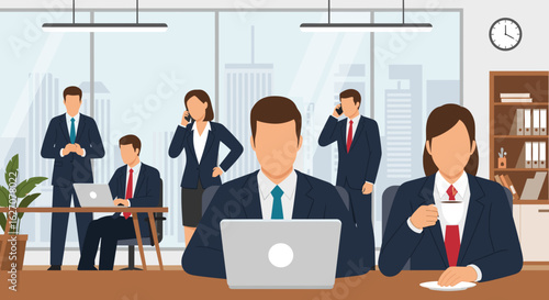 Diverse business professionals working diligently in a modern office, showcasing teamwork, productivity, and a corporate environment. Ideal for themes of success, collaboration, and enterprise.