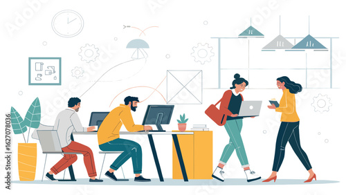 Professionals collaborate in a modern, dynamic office. Illustrates teamwork, communication, and productivity in a contemporary business setting.