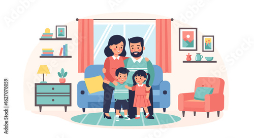 Cheerful family of four, parents and two children, standing together in their comfortable living room. Represents love, unity, and a happy home environment, ideal for lifestyle themes.