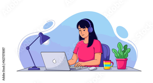 Focused woman in headphones working remotely on laptop at her home office desk. Ideal for business, productivity, and modern lifestyle themes.