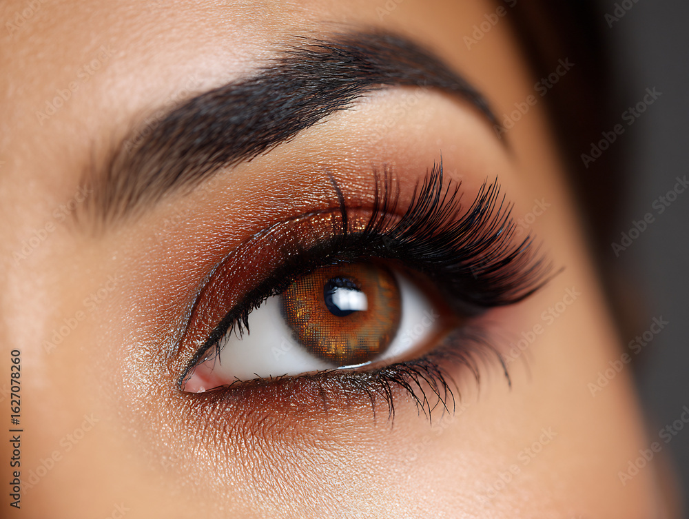 Naklejka premium makeup eye lashes beauty cosmetic macro face closeup of open eye with perfect eyeshadow