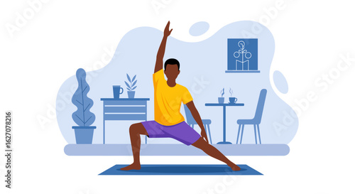 Young man practicing yoga at home in a reverse warrior pose, promoting wellness, balance, and healthy living. Perfect for health and lifestyle designs.