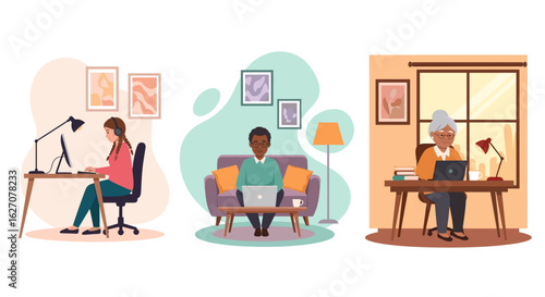 Diverse individuals working and learning remotely from comfortable home environments, illustrating modern remote work, online education, and digital lifestyle flexibility.