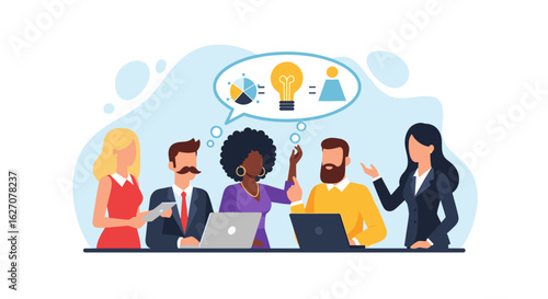 Diverse group of professionals collaborating in a meeting, brainstorming ideas, and analyzing data for business growth and innovation.