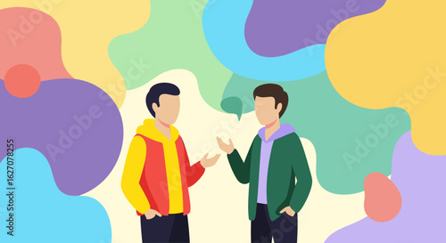 Two stylized people engage in a vibrant discussion, exchanging ideas. Concepts: communication, dialogue, teamwork, collaboration, social interaction.
