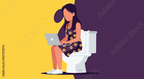 Woman focused on her laptop while sitting on a toilet, illustrating the pervasive nature of remote work and digital connectivity in modern life.