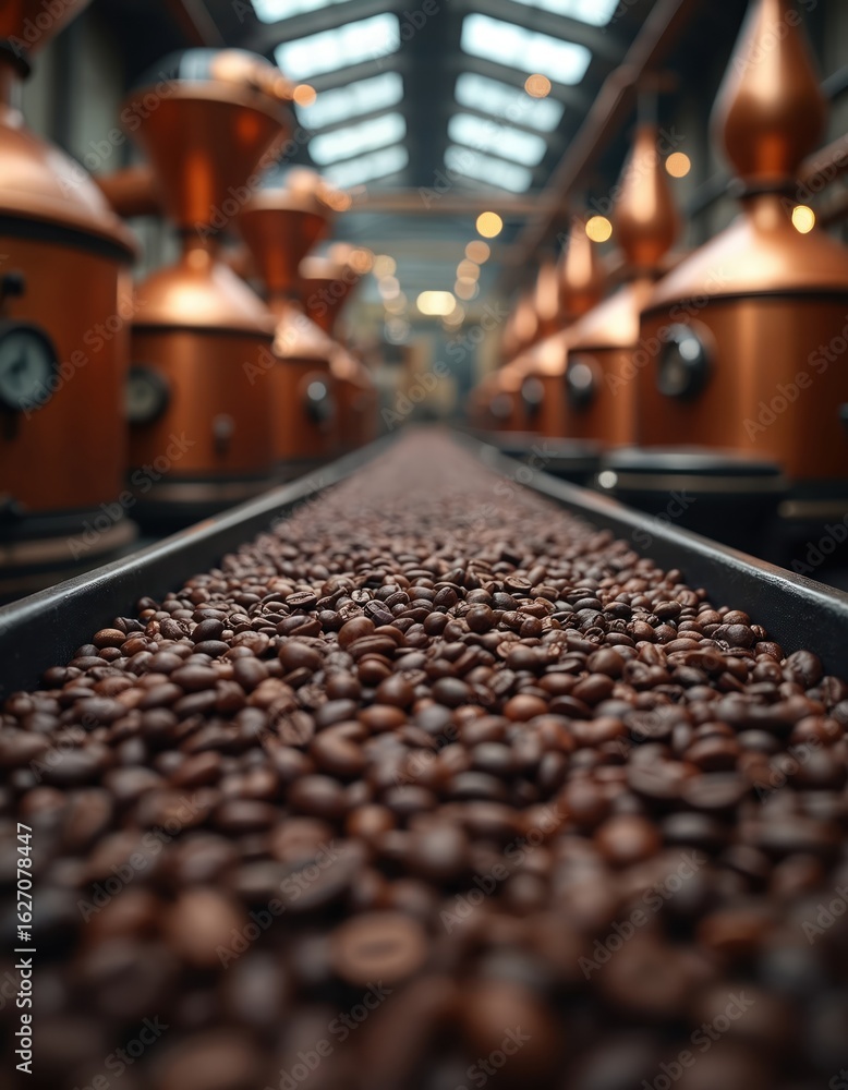 Close-up perspective of roasted coffee beans moving along conveyor belt inside factory processing line. Industrial machinery, copper vats, bright overhead lights create busy atmosphere for coffee Close-up perspective of roasted coffee beans moving along conveyor belt inside factory processing line. Industrial machinery, copper vats, bright overhead lights create busy atmosphere for coffee