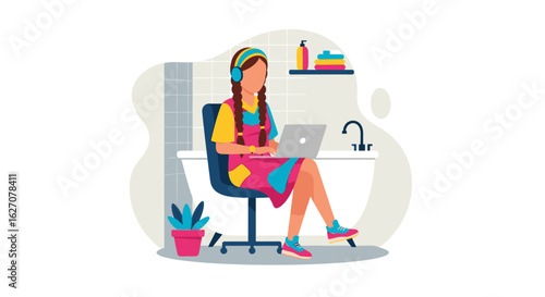 Young woman working comfortably on laptop with headphones in an unconventional home bathroom office, embodying remote work flexibility and modern lifestyle.