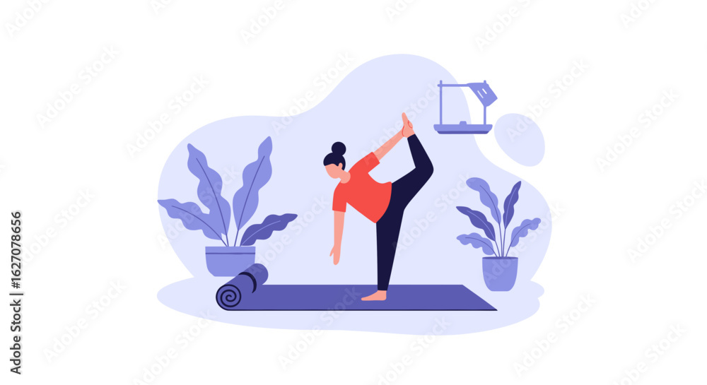Woman in Lord of the Dance yoga pose at home. Illustrates wellness, balance, fitness, and healthy lifestyle concepts. Woman in Lord of the Dance yoga pose at home. Illustrates wellness, balance, fitness, and healthy lifestyle concepts.