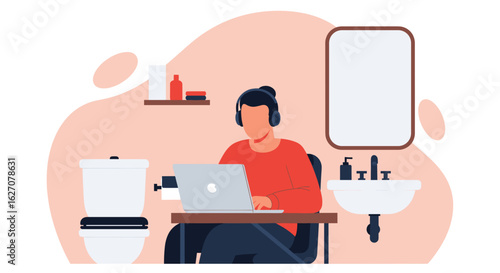 Person with headphones working on laptop in a bathroom setting. Illustrates remote work, unusual home office, and focused productivity.