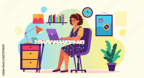 Happy woman working remotely from her vibrant home office. Illustrates flexible work, freelancing, and digital productivity.
