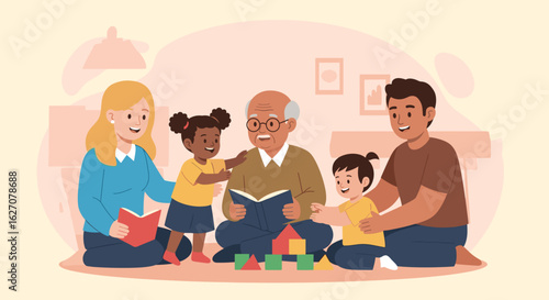 Happy multi-generational family enjoying quality time at home. Grandparents read to children while parents engage, fostering learning and strong bonds.