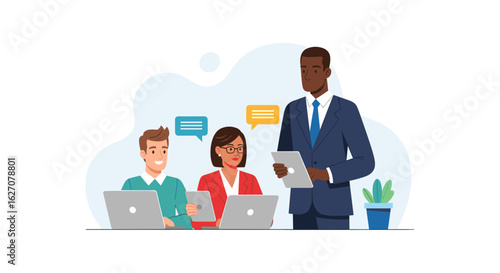 Diverse business professionals collaborating in a modern office meeting, discussing ideas and utilizing technology for effective communication and teamwork.