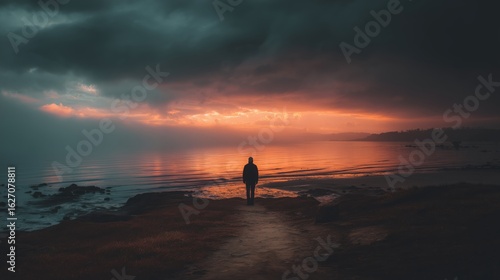 Sunset over a tranquil seashore with a lone figure embracing the beauty of nature.