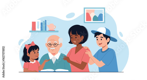A multi-generational family happily engages in reading and learning at home. Grandfather teaches children, fostering education, family bonding, and knowledge sharing.