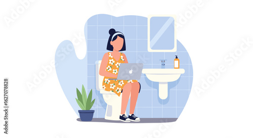 Woman multitasking, working on her laptop while sitting on a toilet in a home bathroom. Depicts modern remote work lifestyle and digital convenience.