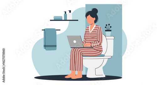 Woman in pajamas working on laptop while on the toilet, depicting remote work, flexibility, and the blurred lines of modern work-life balance.
