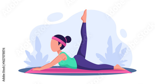 Young woman practicing yoga on a mat, demonstrating flexibility and balance. Ideal for concepts of health, fitness, wellness, and mindful living.