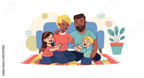 Happy diverse family with parents and two children sitting on a rug at home, showing love and togetherness. Ideal for lifestyle and parenting concepts.