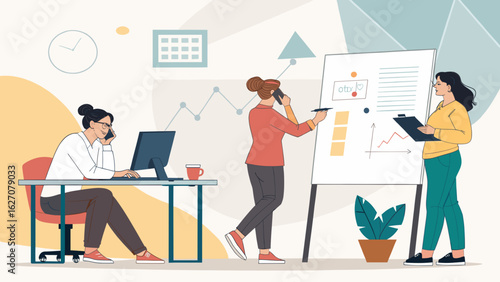 Three women actively collaborating in a modern office, discussing business strategy and project management. Ideal for corporate productivity and teamwork concepts.