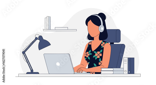 Woman with headphones focused on laptop, working remotely from her home office desk. Perfect for online education, communication, or virtual work concepts.
