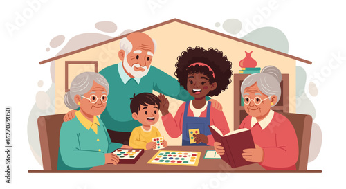 Happy multi-generational family playing games and reading at home, enjoying togetherness and learning. Ideal for lifestyle, education, or family-focused concepts.
