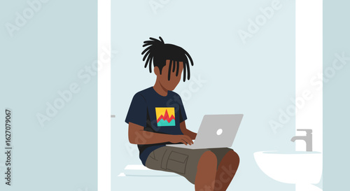 Young person focused on laptop while sitting on a toilet, illustrating modern work flexibility and connectivity from unconventional spaces.