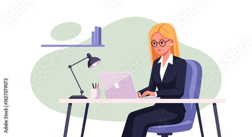 Professional woman working diligently on her laptop at an office desk, symbolizing productivity, remote work, and business success.