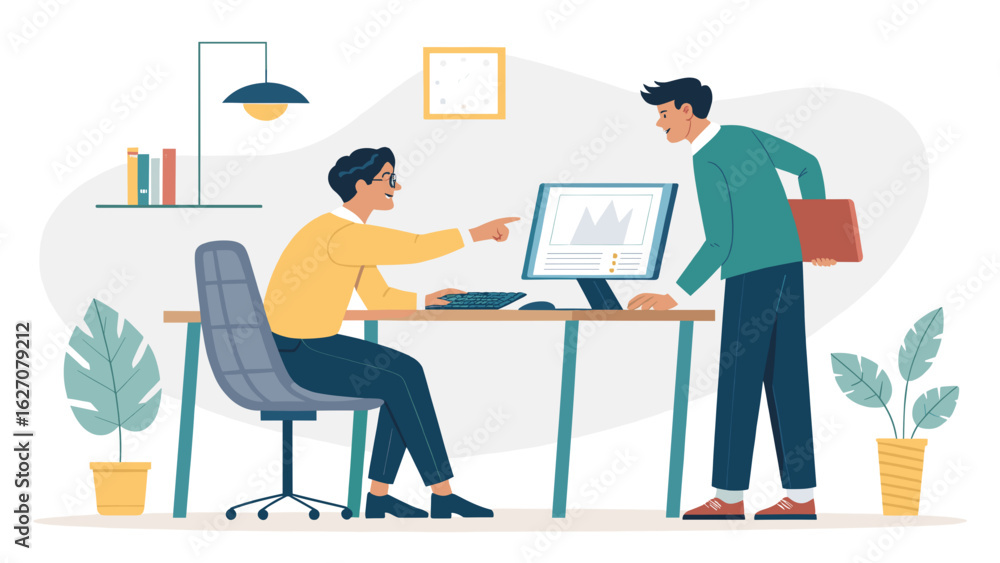 Fototapeta premium Two professional men collaborating in an office, discussing data on a computer screen. Ideal for business, teamwork, and modern office concepts.