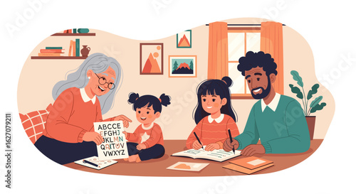 A diverse, multi-generational family happily learns and teaches together at home. Concepts of education, support, and intergenerational bonding.