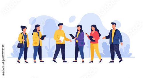 Diverse business professionals collaborate and discuss ideas in a modern, dynamic work environment. Ideal for themes of teamwork, consulting, and corporate success.