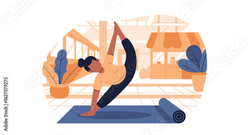 Woman performing a graceful yoga stretch on a blue mat, emphasizing wellness, flexibility, and a healthy, balanced lifestyle. Ideal for fitness, health, and mindfulness concepts.