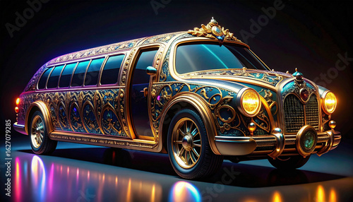 A limousine with intricate baroque patterns, blending classical elegance with modern automotive design. Perfect for fashion editorials, artistic visuals, and premium advertising concepts.