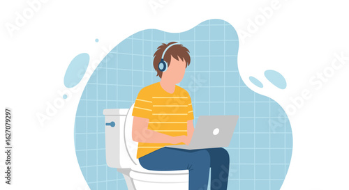 A person works remotely on a laptop while sitting on a toilet with headphones, humorously depicting flexible work and modern lifestyle.