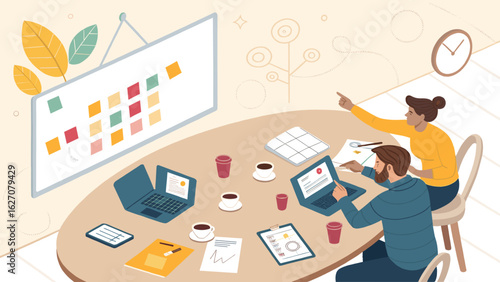 Two colleagues collaborate in a modern office, planning ideas on a whiteboard with laptops and coffee. Ideal for business, teamwork, and productivity concepts.