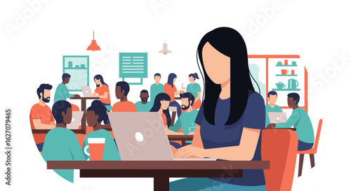 Woman works on laptop in a bustling modern co-working space or cafe, symbolizing remote work, productivity, and a diverse professional community.