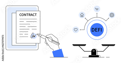 Hand signing a written contract, associated decentralized finance connections, and balanced scales. Ideal for legal, finance, blockchain, fintech, agreements digital tools modern technology. Simple