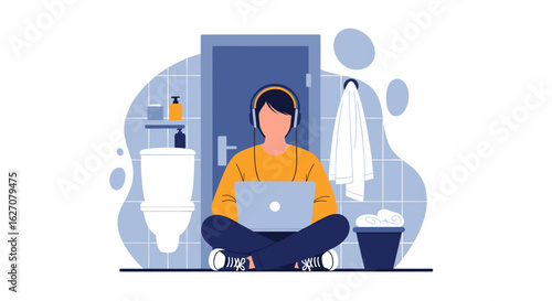 Person working remotely on laptop in an unconventional bathroom setting, wearing headphones. Illustrates flexible work, home office, and digital lifestyle.