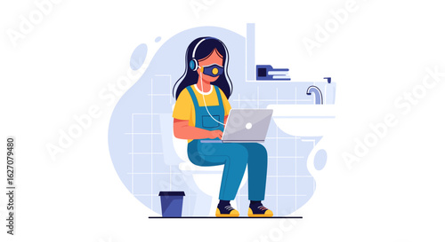 Woman in mask and headphones works on laptop from bathroom. Represents remote work, adaptability, privacy, and unconventional home office solutions.