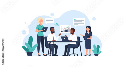 Diverse business team collaborating on projects in a modern office, analyzing data and discussing strategies for growth and success. Ideal for corporate concepts.