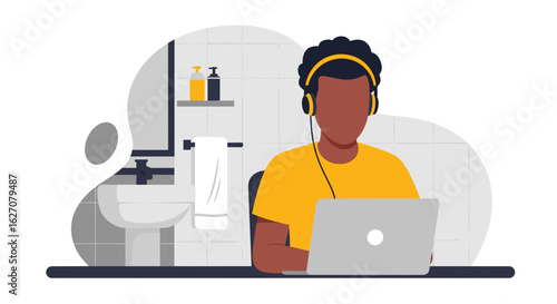Person working remotely on laptop in a home bathroom setting, wearing headphones. Illustrates flexible work, privacy, and adapting to new environments.