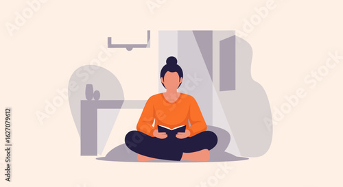Person calmly reading a book while sitting cross-legged at home. Ideal for concepts of education, relaxation, personal growth, and quiet leisure.